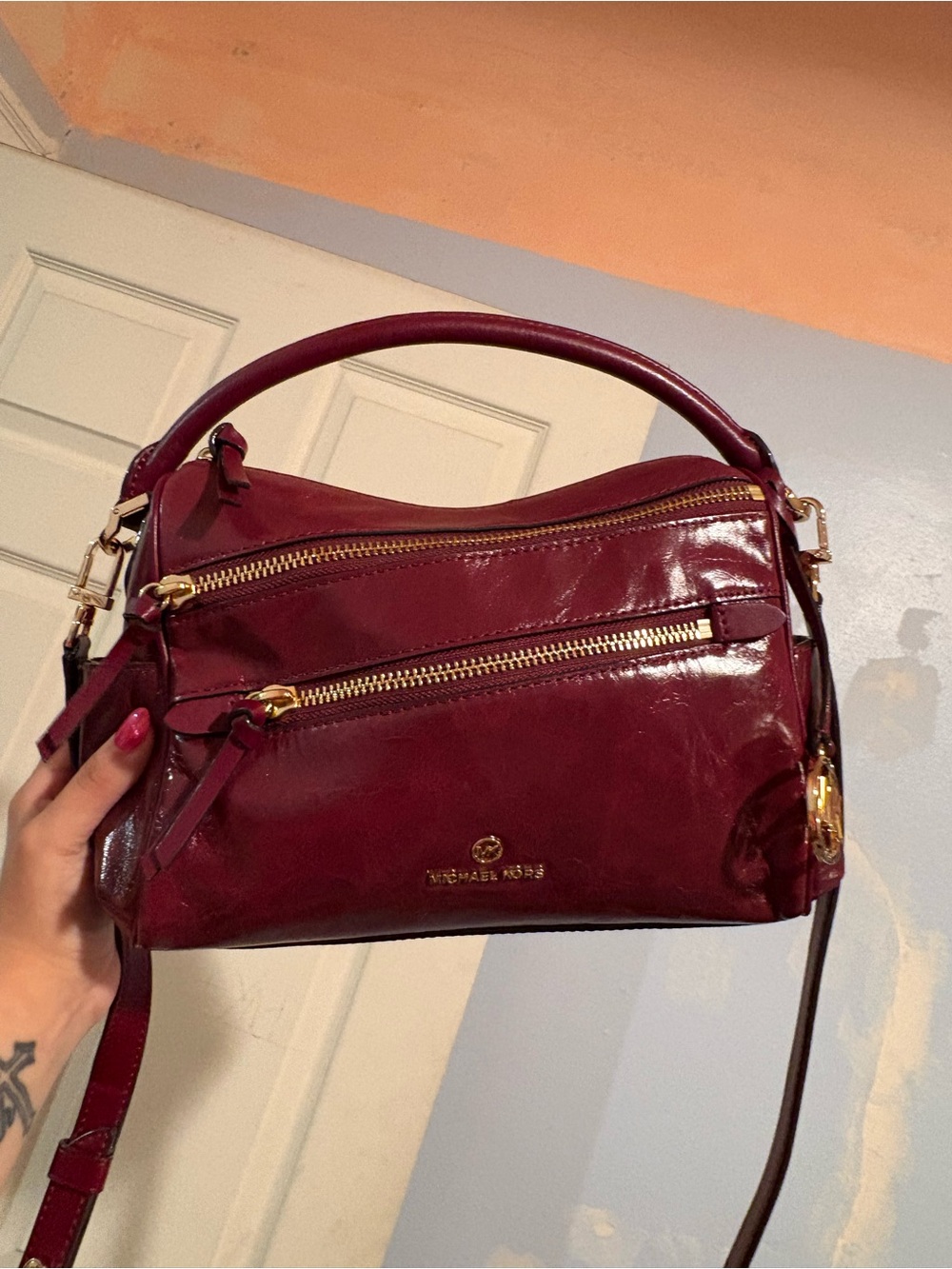 Michael Kors Rare Lorimer Satchel Burgundy/Deep Berry w/ Gold Accents NEW - Picture 2 of 9